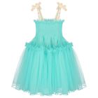 Girls Green Ruffled Tulle Dress, 1, hi-res