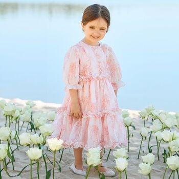 Girls Pink Ruffled Floral Chiffon Dress