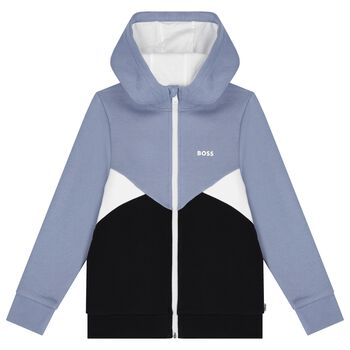 Boys Blue & Black Logo Hooded Zip Up Top