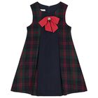 Girls Navy Blue & Green Tartan Dress, 1, hi-res