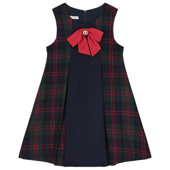 Girls Navy Blue & Green Tartan Dress