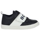 Boys Navy Blue & White Logo Trainers, 2, hi-res