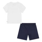 Younger Boys Mini Me Navy Blue & White Logo Shorts Set, 1, hi-res