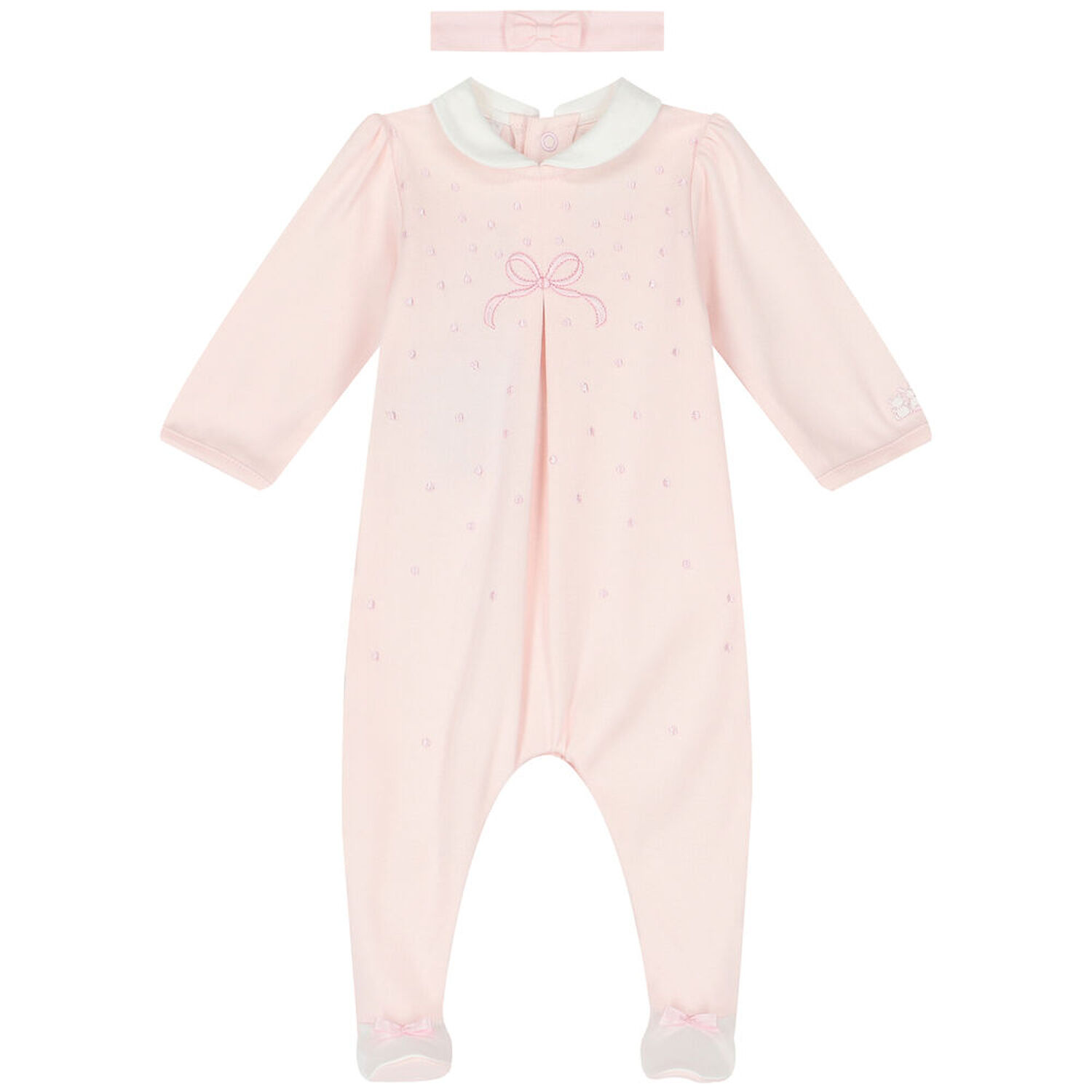 Girls Pink Embroidered Babygrow & Headband Set, 1, hi-res