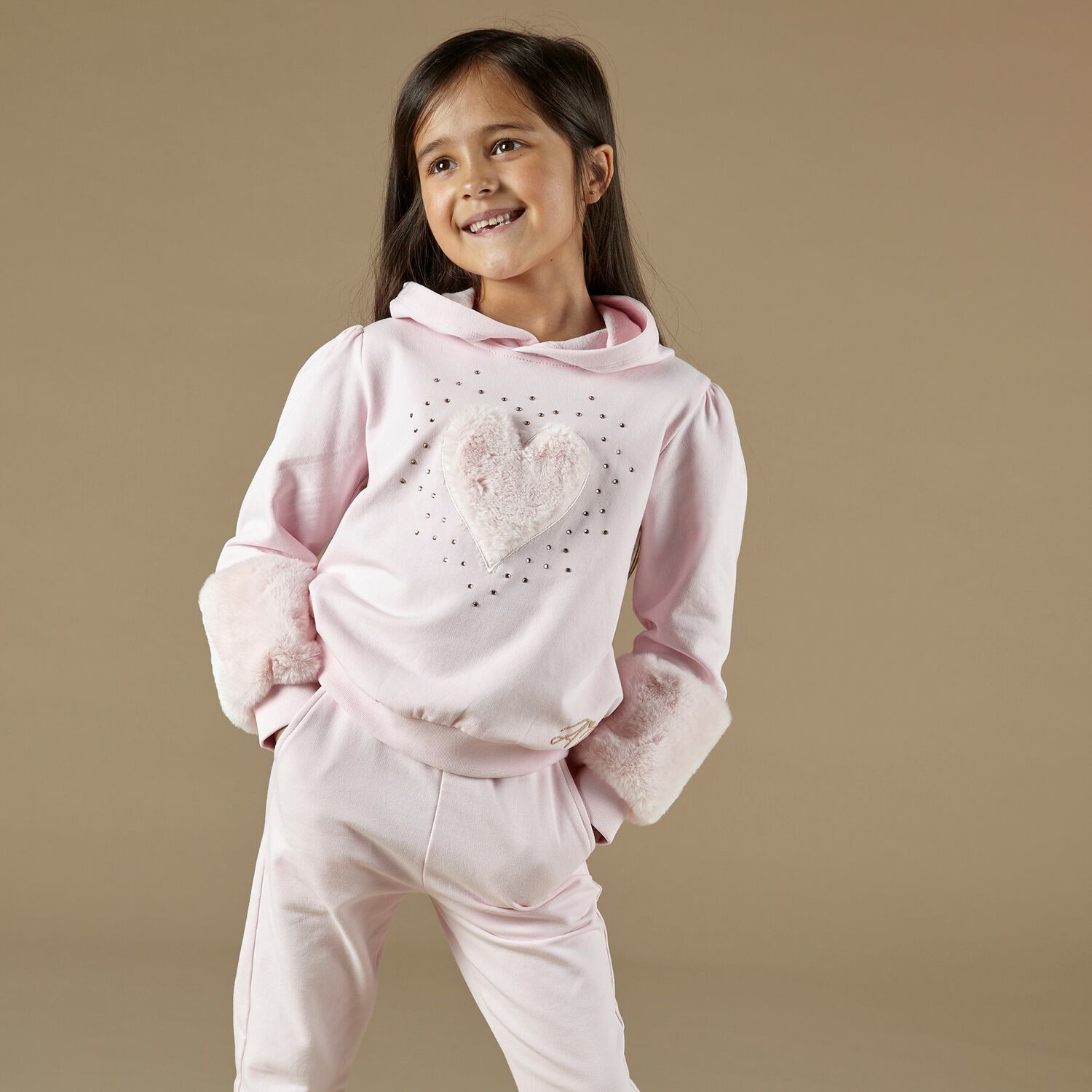 Girls Pink Embellished Heart Tracksuit, 1, hi-res