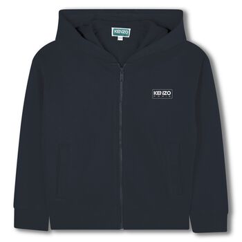 Navy Blue Logo Hooded Zip Up Top