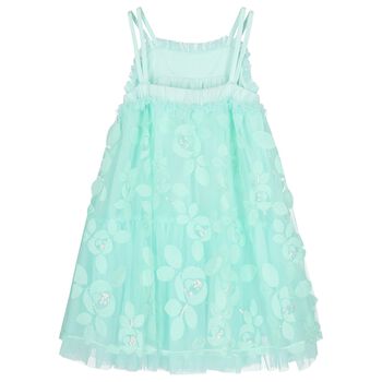 Girls Green Appliqued Tulle Dress