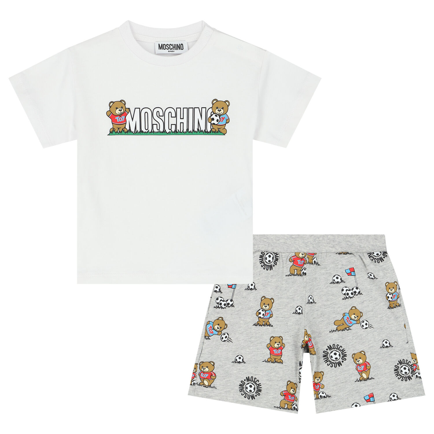 Younger Boys White & Grey Teddy Bear Shorts Set, 1, hi-res