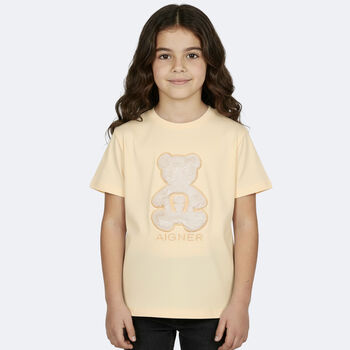 Girls Beige Faux Fur Teddy Bear Logo T-Shirt