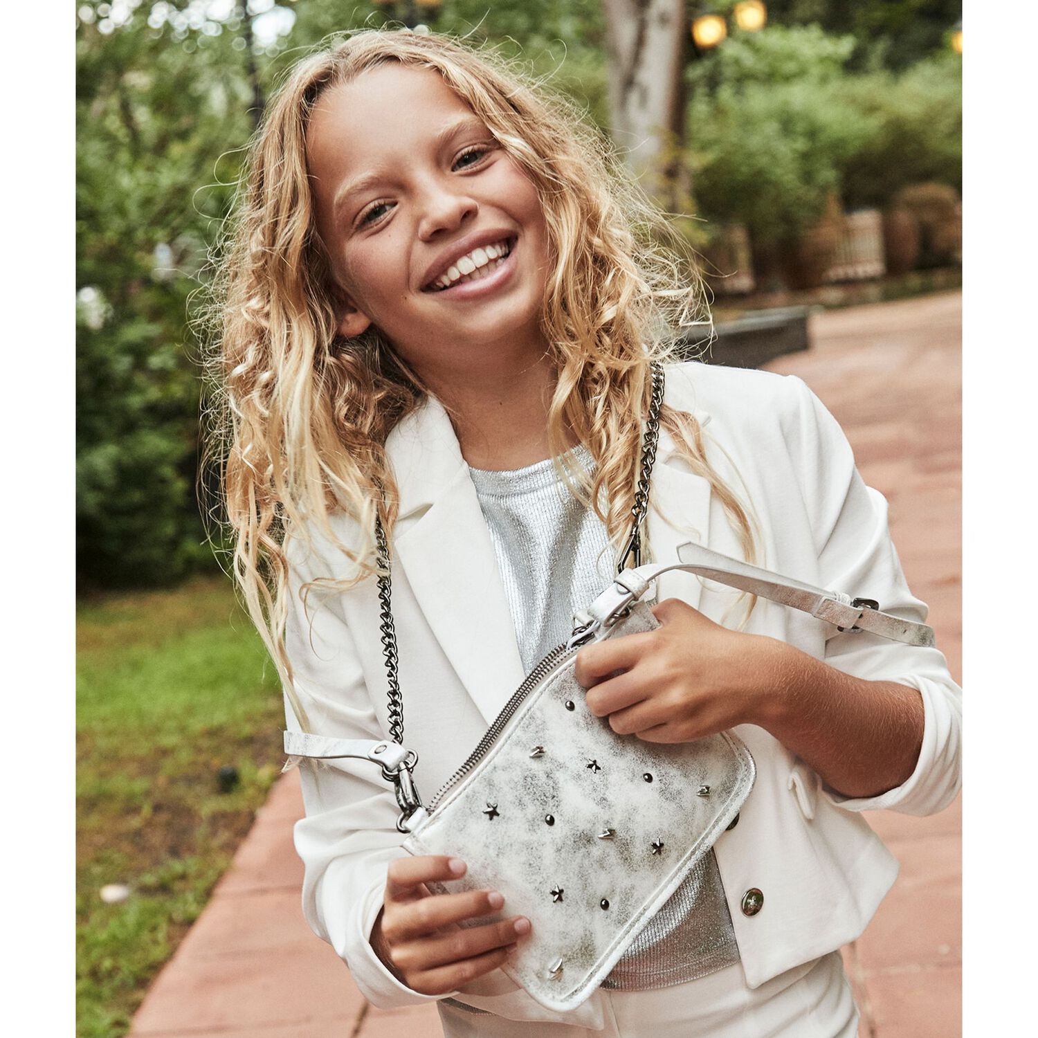 Girls Silver Studded Handbag, 1, hi-res image number null