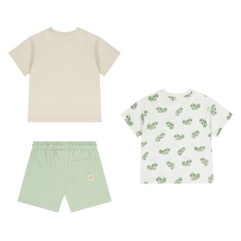 Younger Boys Beige, Ivory & Green Shorts Set