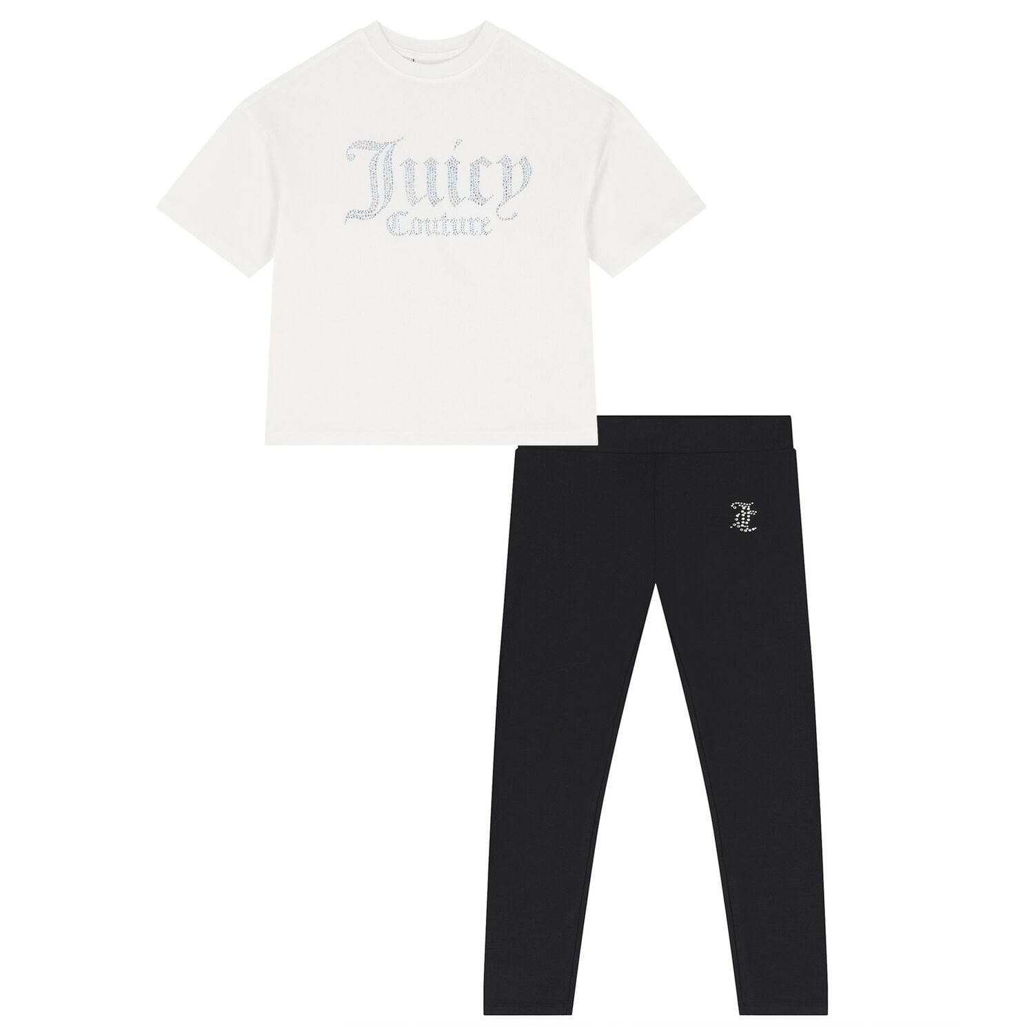 Girls White & Black Crystal Embellished Diamant&eacute; Logo Leggings Set, 1, hi-res
