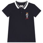 Boys Navy Blue Teddy Bear Polo Shirt, 2, hi-res
