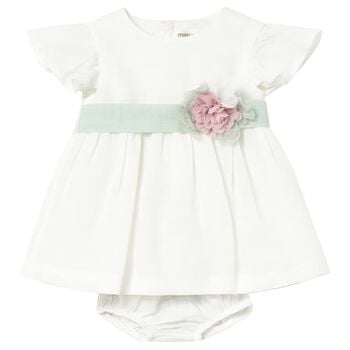 Baby Girls Ivory & Green Flower Dress Set