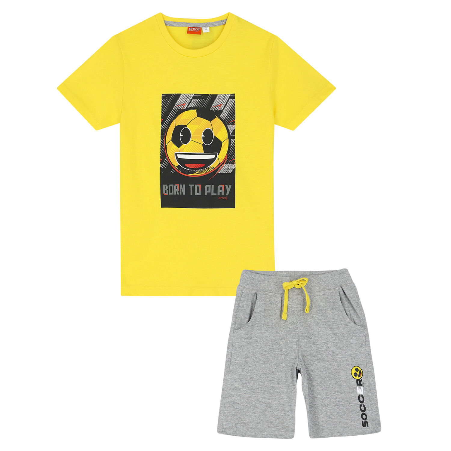 Boys Yellow & Grey Smiley Shorts Set, 1, hi-res