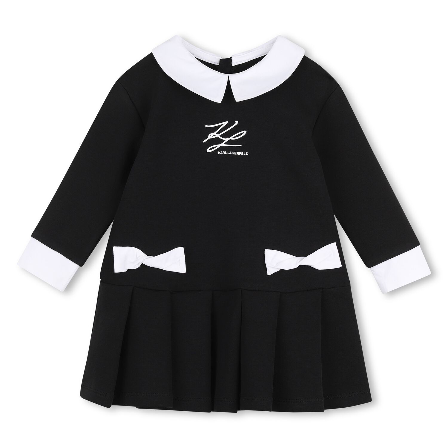 Younger Girls Black & White Logo Pleated Dress, 1, hi-res