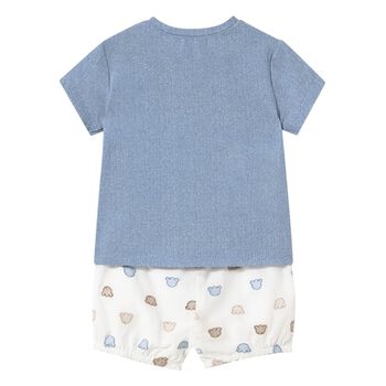 Baby Boys Blue & White Cotton Teddy Shorts Set