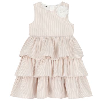 Girls White & Beige Striped Dress