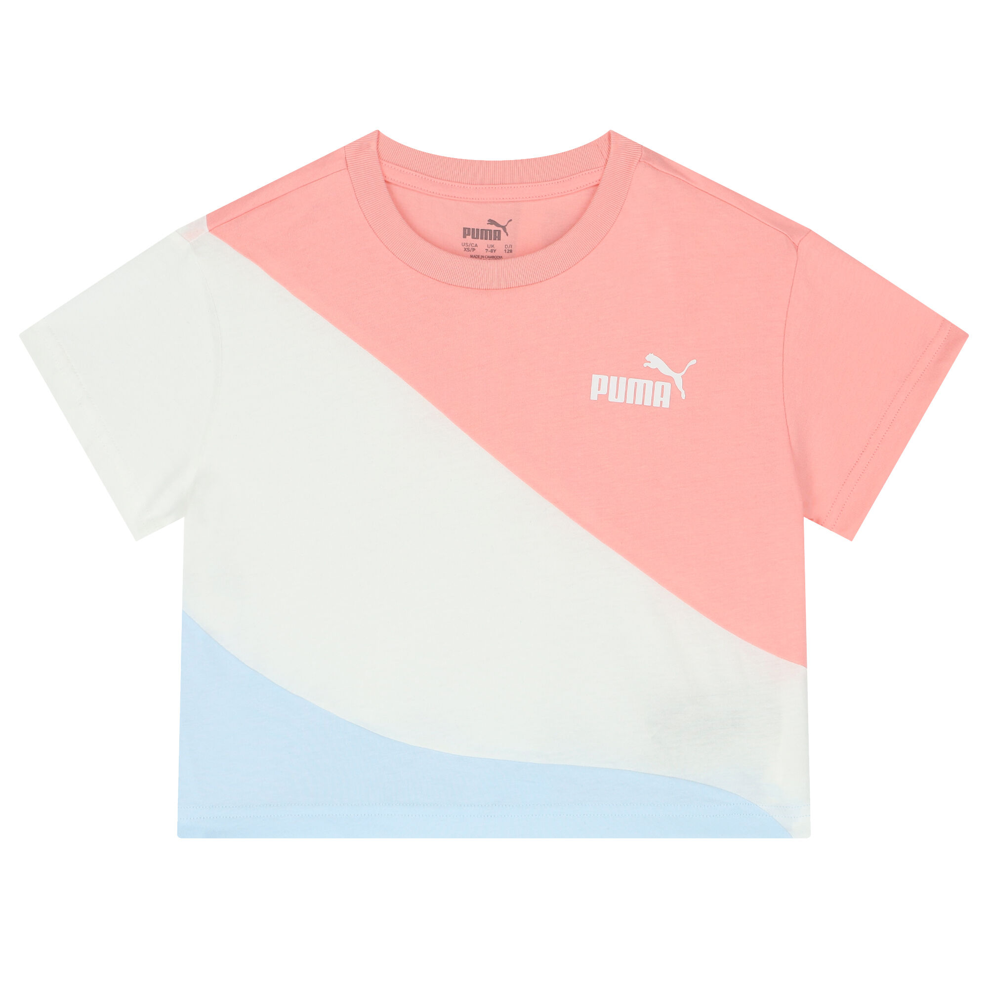 Puma Girls Pink White Blue Logo T Shirt Junior Couture UK