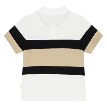 Younger Boys White, Black & Beige Logo Polo Shirt