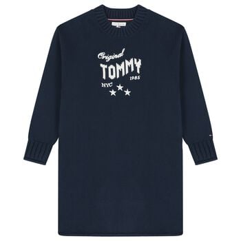 Girls Navy Blue Logo Knitted Jumper Dress