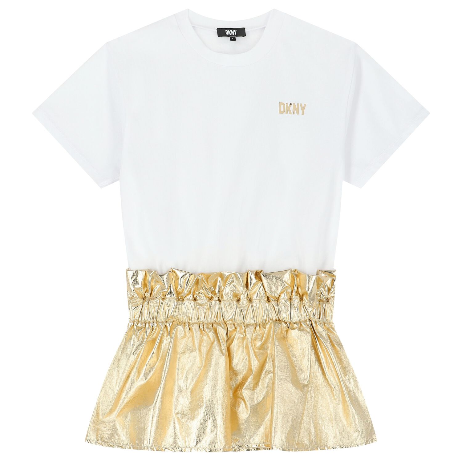 Girls White & Gold Logo Dress, 1, hi-res