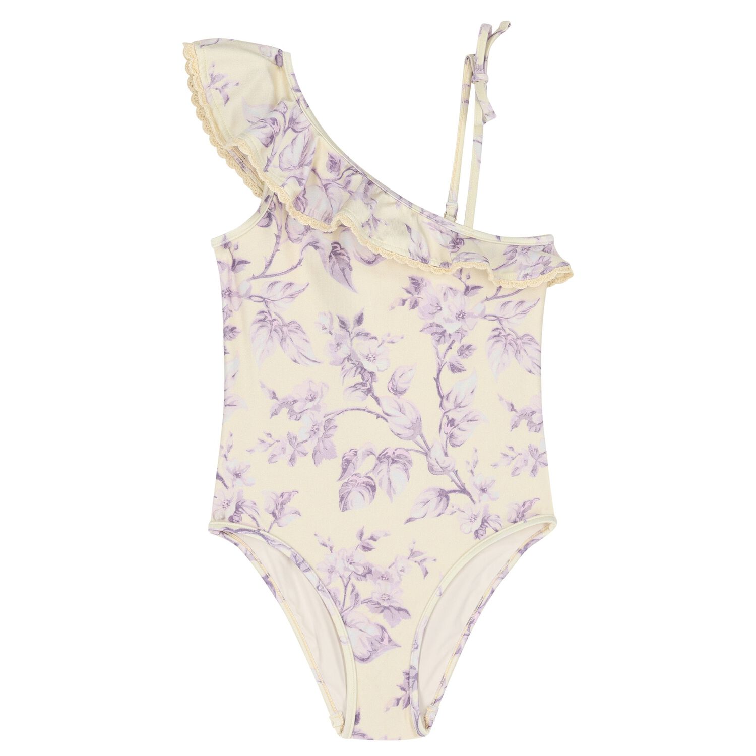 Girls Ivory & Purple Floral Swimsuit, 1, hi-res
