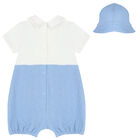 Baby Boys White & Blue Romper & Hat Set, 2, hi-res