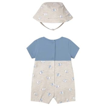 Baby Boys Blue & Beige Dungaree & Hat Set
