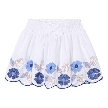 Girls White & Blue Embroidered Skirt