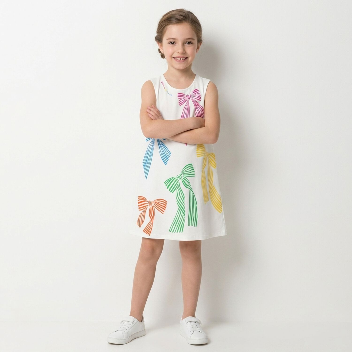 Girls White Bow Dress, 1, hi-res