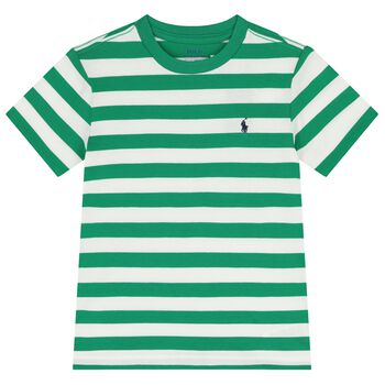 Boys White & Green Striped Logo T-Shirt