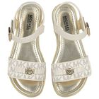 Girls Ivory & Gold Logo Sandals, 1, hi-res