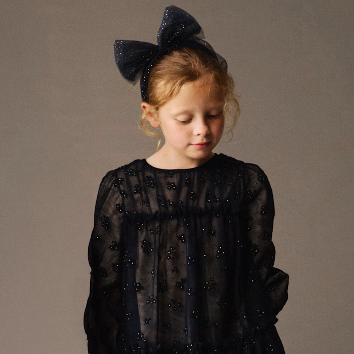 Girls Navy Blue Floral Tulle Dress, 1, hi-res