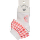 Girls White & Coral Gingham Socks, 1, hi-res