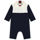 Baby Boys Ivory & Navy Blue Web Striped Romper, 1, hi-res