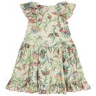 Girls Beige & Green Ruffled Floral Dress, 1, hi-res