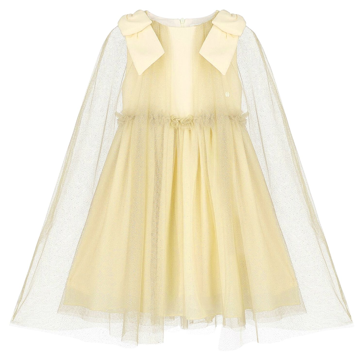 Girls Gold Tulle & Chiffon Cape Dress, 2, hi-res