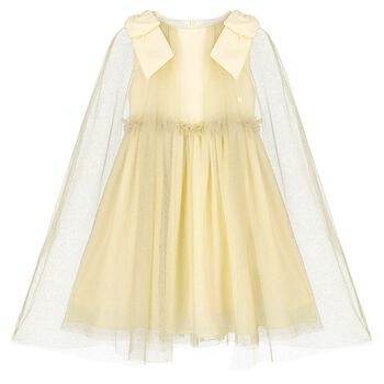 Girls Gold Tulle & Chiffon Cape Dress