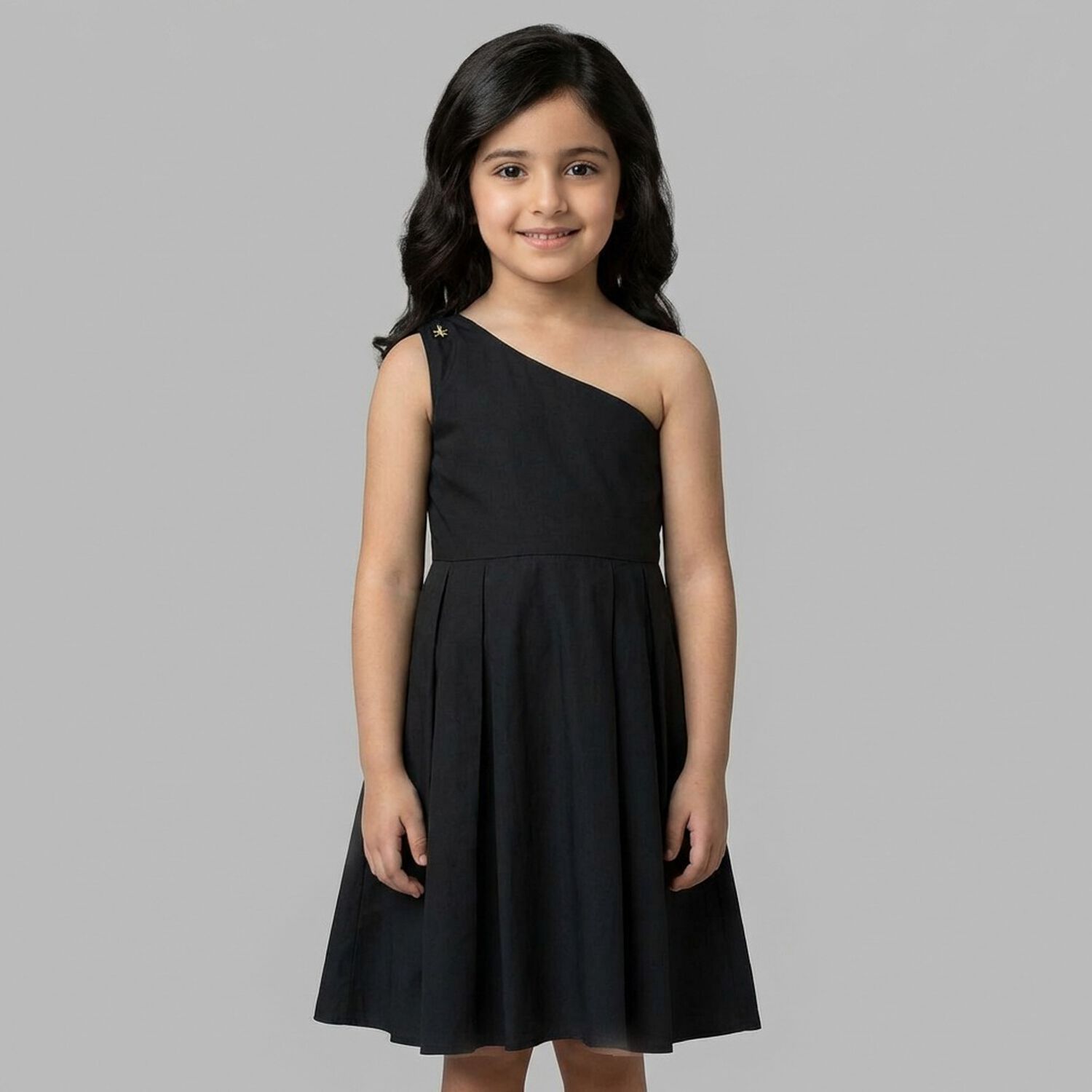 Girls Black One Shoulder Dress, 3, hi-res