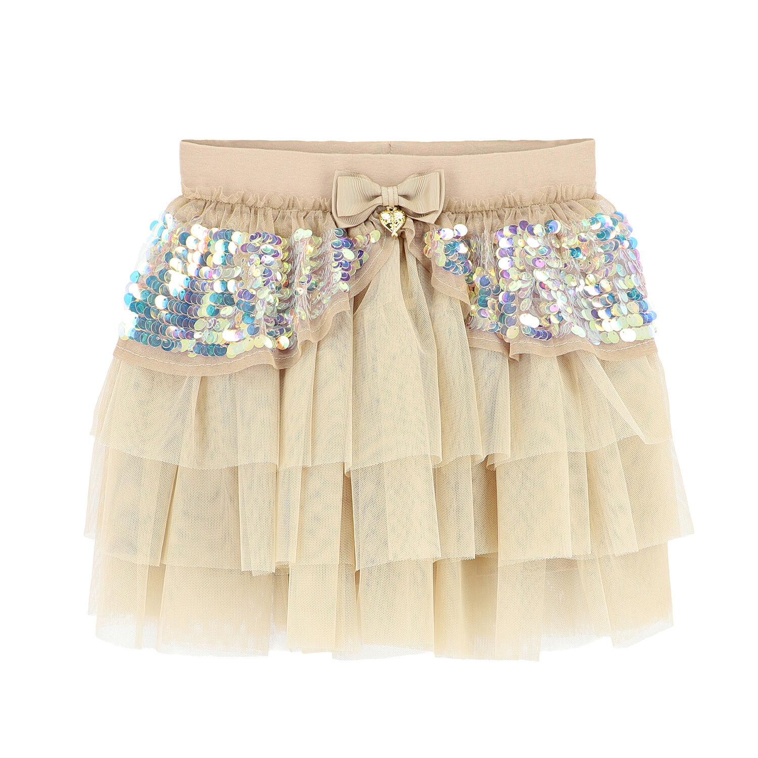Girls Beige Sequin Tulle Skirt, 3, hi-res