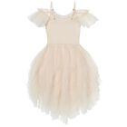 Girls Beige Embellished Tulle Dress, 1, hi-res