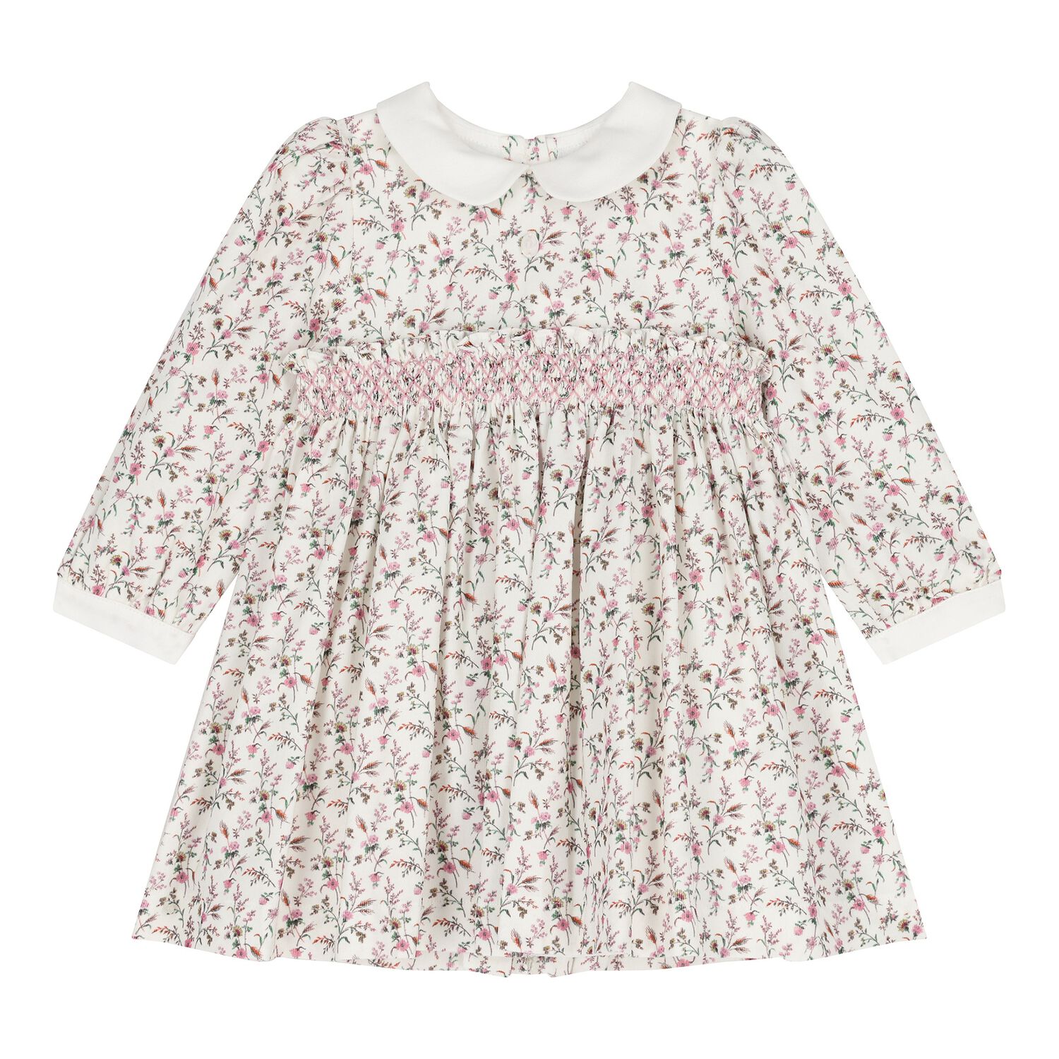 Baby Girls Ivory Floral Smocked Dress, 1, hi-res