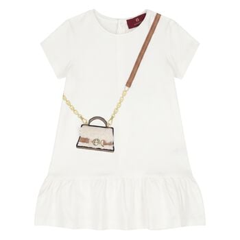 Younger Girls Ivory Faux Fur Bag Logo Dress