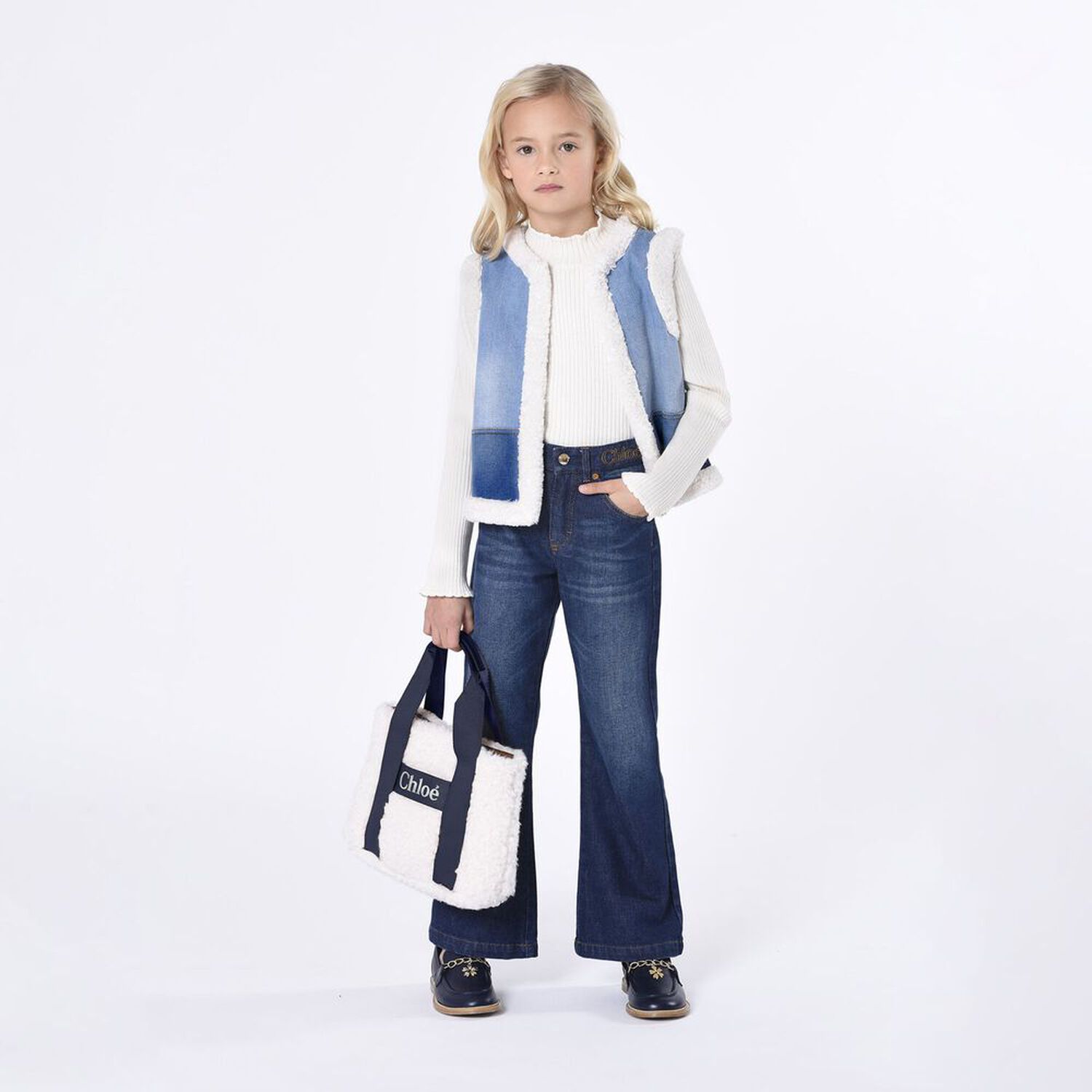 Girls Ivory & Navy Blue Sherpa Fleece Bag, 1, hi-res