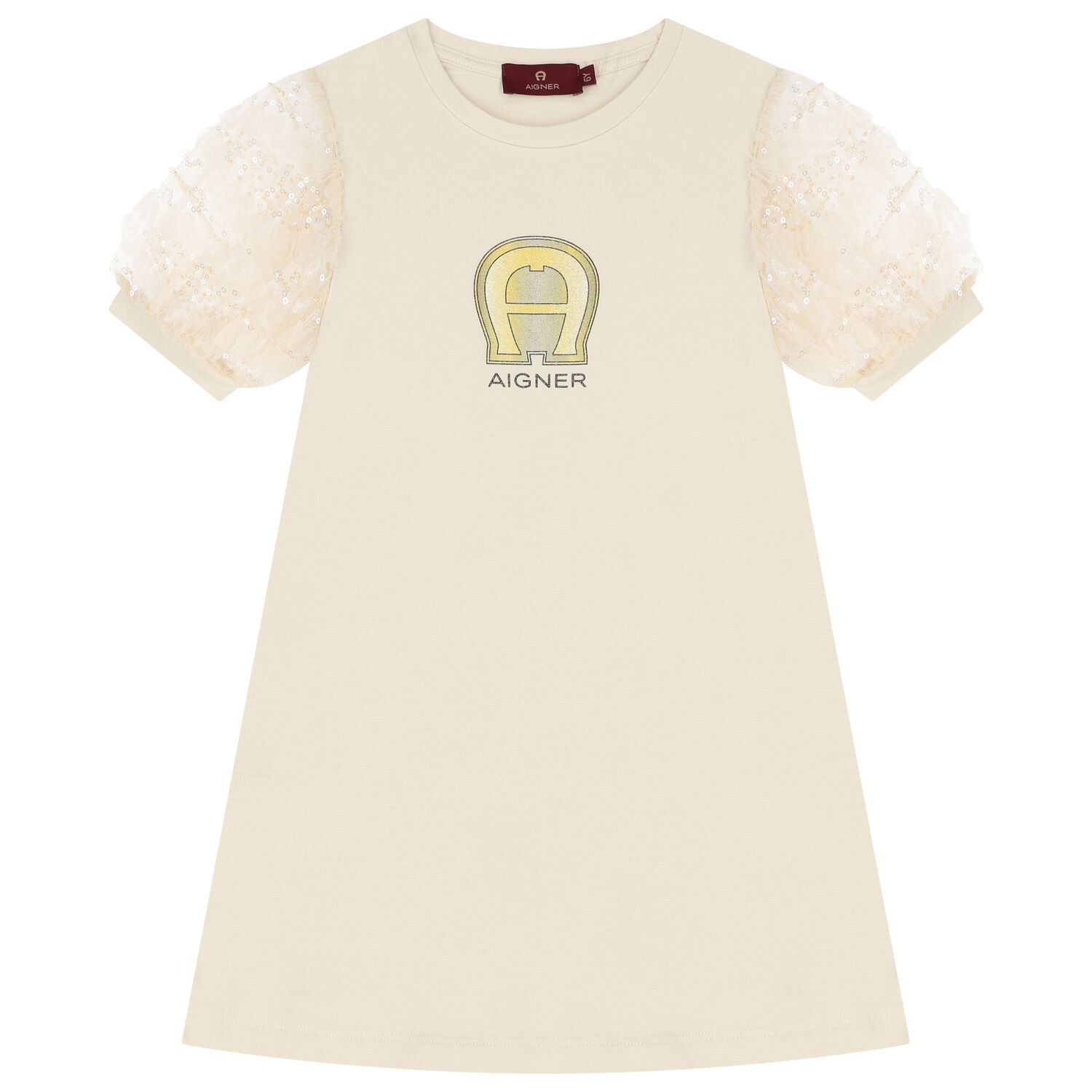 Girls Beige & Gold Logo Dress, 1, hi-res