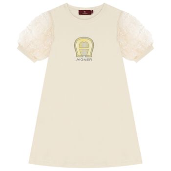 Girls Beige & Gold Logo Dress