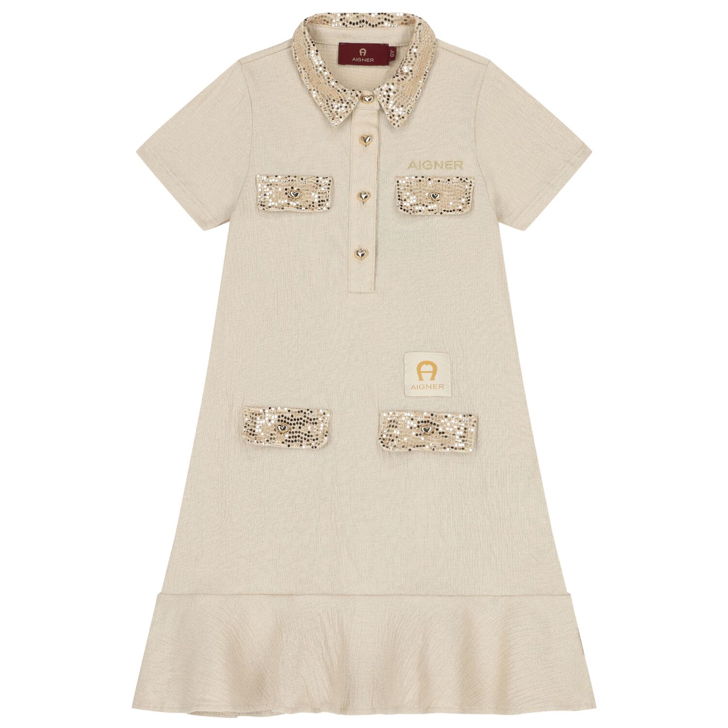 Girls Beige & Gold Logo Polo Dress, 1, hi-res