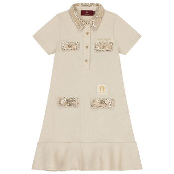 Girls Beige & Gold Logo Polo Dress