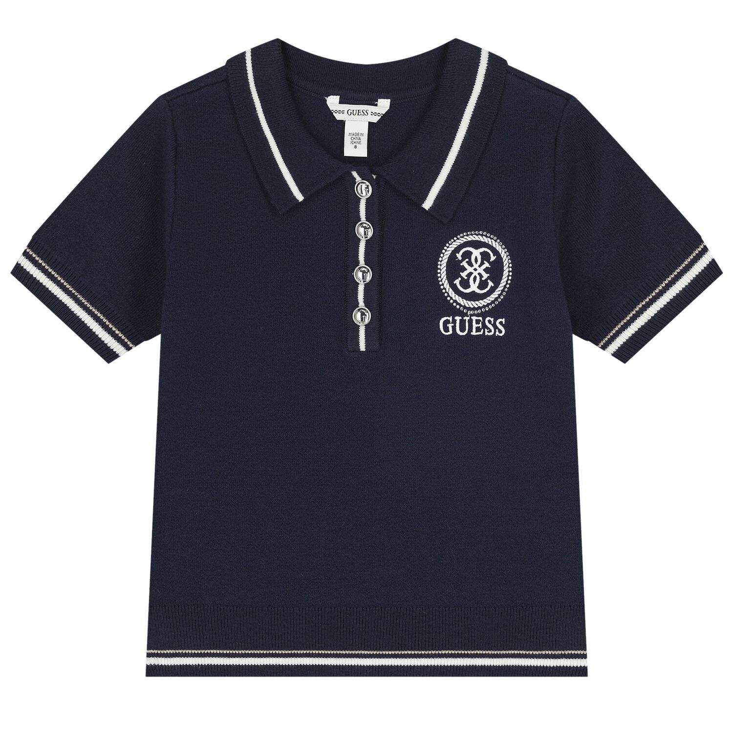 Girls Navy Blue Logo Knitted Polo Shirt, 2, hi-res